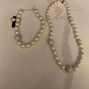 NWT Ann Taylor Elegant Pearl and Silver Necklace and Bracelet Set